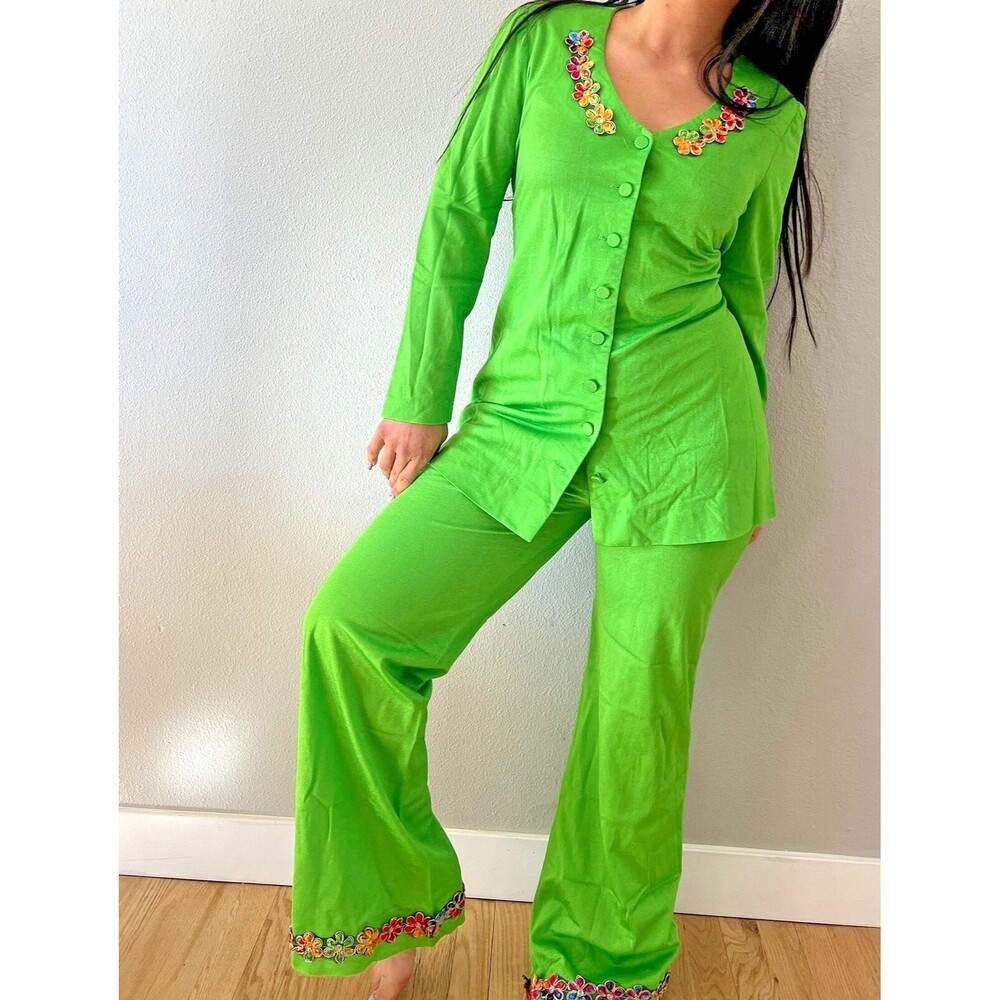 VTG 70S PIXIE OF CALIFORNIA GREEN pant suit 2 piece retro hippie bohemian Medium